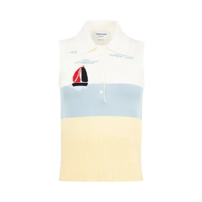 Pre-owned Thom Browne Hand Emb Nantucket Scenic Jersey Intarsia Sleeveless Polo In Cotton 'white' | Women's Si