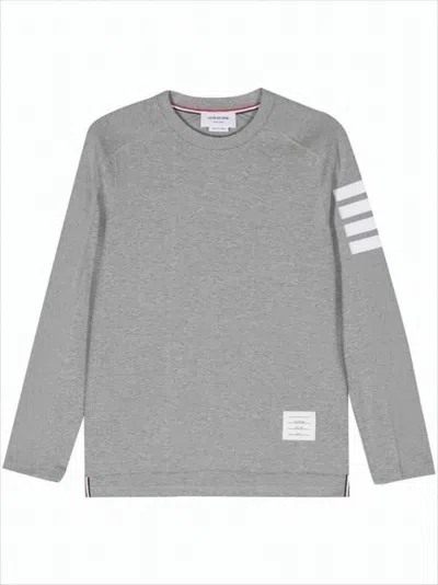 Thom Browne Heather Grey Long-sleeve Crew Neck Shirt With Signature Stripes In Gray