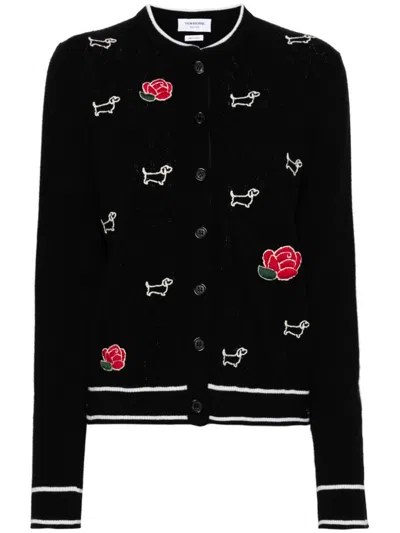 THOM BROWNE HECTOR AND ROSE EMBROIDERED WOOL CARDIGAN