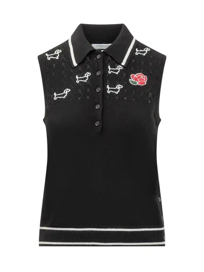 Thom Browne Hector-embroidered Virgin Wool Top In Black