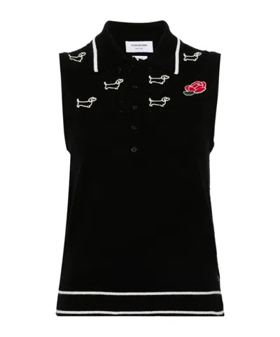 THOM BROWNE THOM BROWNE HECTOR-EMBROIDERED KNITTED POLO TOP