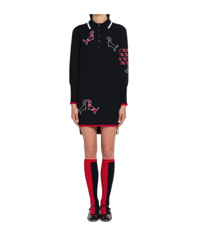 Thom Browne Hector Icon 4-bar Stripe Intarsia-knit Polo Dress In Black