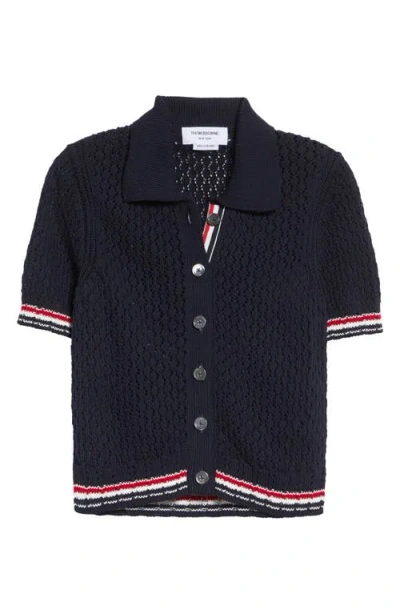 Thom Browne Hector Icon Pointelle Stitch Crop Cardigan In Blue