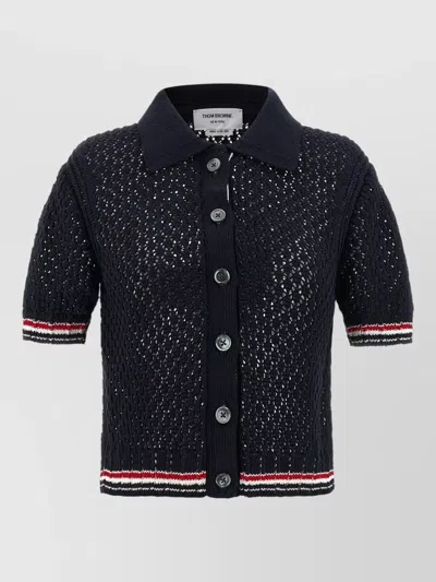 Thom Browne Hector Pointelle Knit Polo Short Sleeves In Black