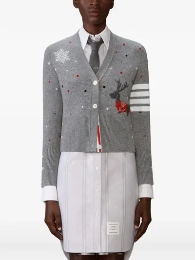 Thom Browne Hector Reindeer Intarsia Cardigan In Gray
