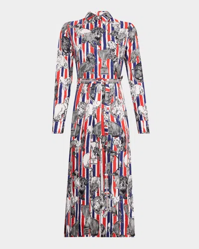 Thom Browne Hector Silk Twill Pleated Midi Shirtdress With Belt In Multi