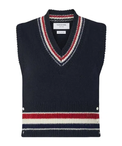 Thom Browne Wool Blend Sleeveless Sweater In Blue