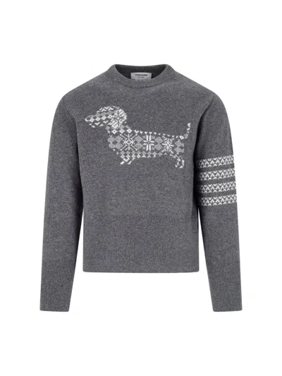 Thom Browne Dog Motif Crew Neck Knit Sweater In Gray