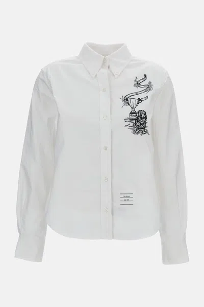 Thom Browne Hector Trophy Embroidered Shirt In Pencil Stitch In White