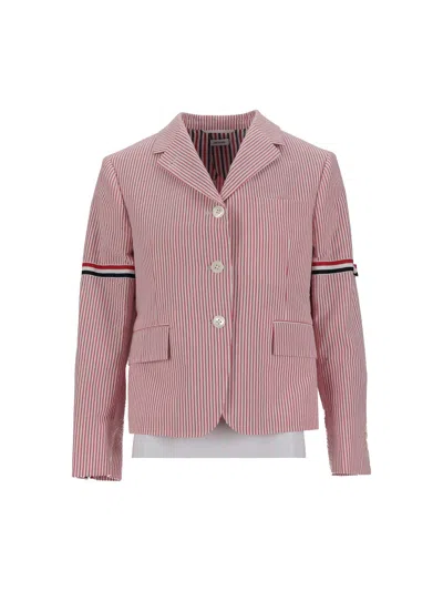 Thom Browne High Break Sb Sportcoat W/ Rwb Gg Armbands In Seersucker In Red