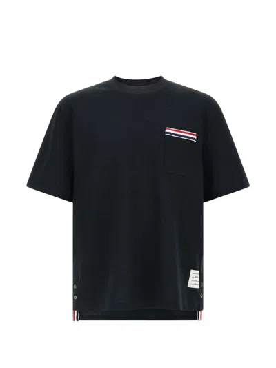 Thom Browne Short-sleeved Blue T-shirt With Contrasting Trim And Chest Pocket