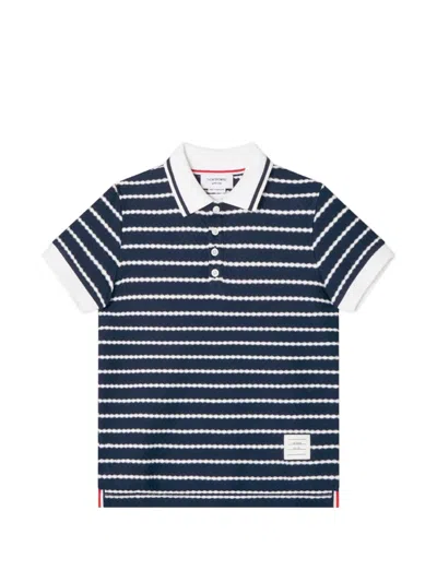 Thom Browne Kids' 허니콤 니트 스트라이프 폴로 셔츠 In 블루