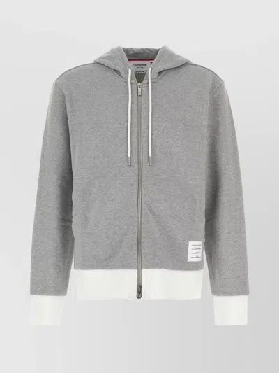 Thom Browne Hood Cotton Sweatshirt Ribbed Cuffs Hem In Gray