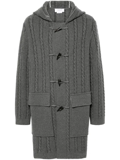 Thom Browne Hooded Cable-knit Duffle Coat In Grey