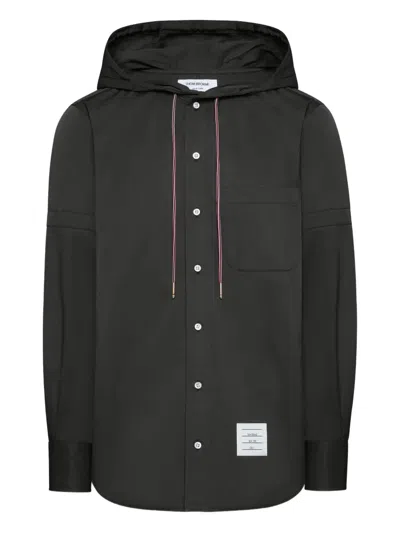 Thom Browne Hooded Straight Fit Long Sleeve Shirt In Black