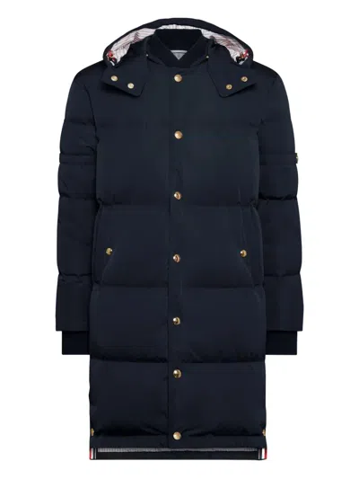 Thom Browne Hooded Stud Button-fastening Coat In Blue