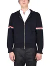 Thom Browne Zip-up Hoodie With Drawstring And Contrast Stripes In Blue
