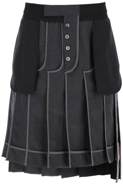 Thom Browne Deconstructed Pleated Wool Skirt In Grey