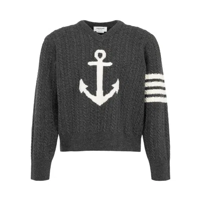 Pre-owned Thom Browne Intarisia Anchor And Cable Relaxed V Neck Pullover In Merino Wool W/ 4 Bar Stripe 'dark  In Grey