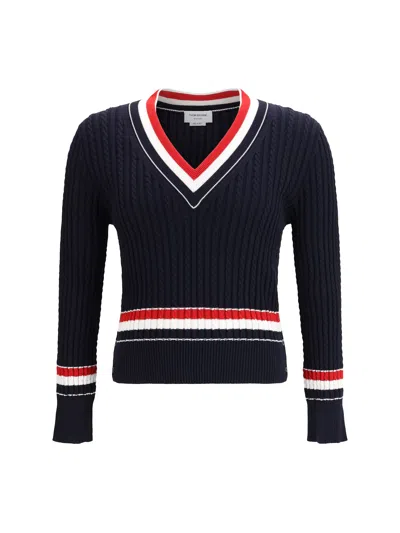 THOM BROWNE INTARSIA CABLE-KNIT V-NECK SWEATER