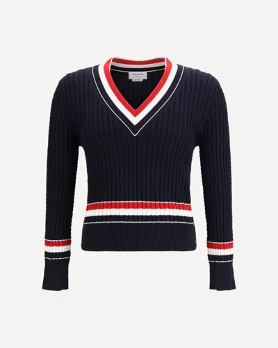 THOM BROWNE INTARSIA CABLE-KNIT V-NECK SWEATER