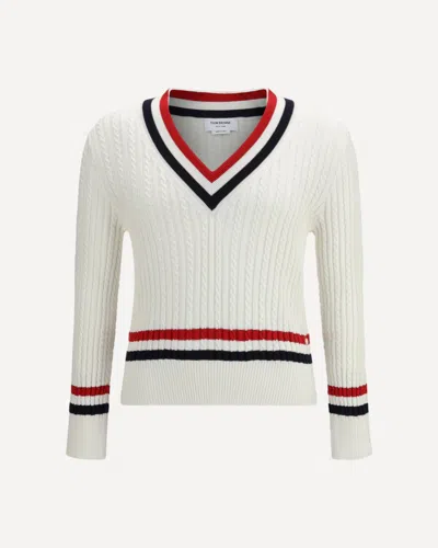 THOM BROWNE INTARSIA CABLE-KNIT V-NECK SWEATER