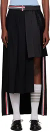 Thom Browne Pleated Asymmetric Mixed Media Wrap Skirt In Black