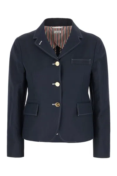 Thom Browne Cropped Cotton And Linen-blend Blazer In Navy