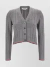 Thom Browne Ladder Full Needle Rib Stitch V Neck Car In Gray