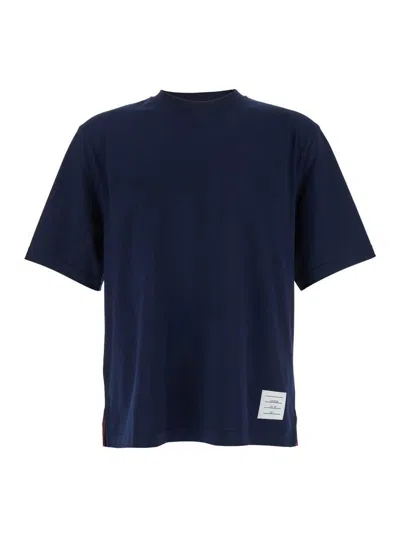 THOM BROWNE BLUE CREWNECK T-SHIRT WITH LOGO PATCH ON THE FRONT AND STRIPED DETAIL ON THE REAR IN COTTON JERSEY M