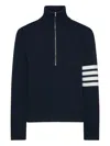 Thom Browne Jersey Stitch Funnel Neck Half Zip Pullover In Merino Wool With 4 Bar Stripe Clothing In Blue