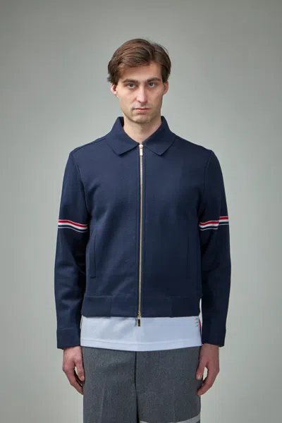 Thom Browne Jersey Stitch Loop Back Bonded Zip Up Jacket In Blue