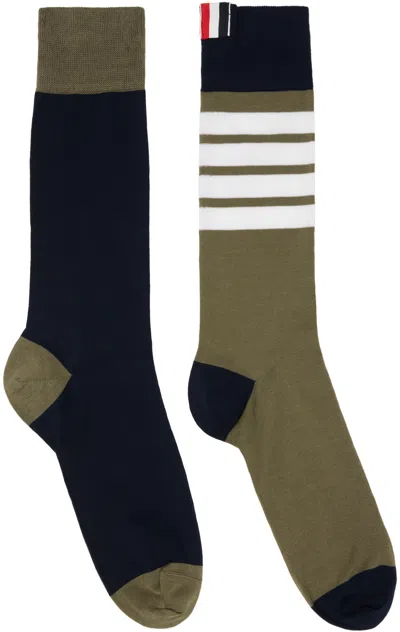 Thom Browne Khaki & Navy Funmix 4-bar Socks In Multi