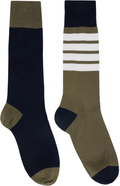 Thom Browne Khaki & Navy Funmix Cotton 4-bar Socks In Multi