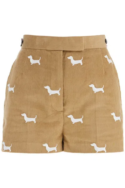 Thom Browne Khaki Corduroy Shorts With White Dog Pattern In Brown
