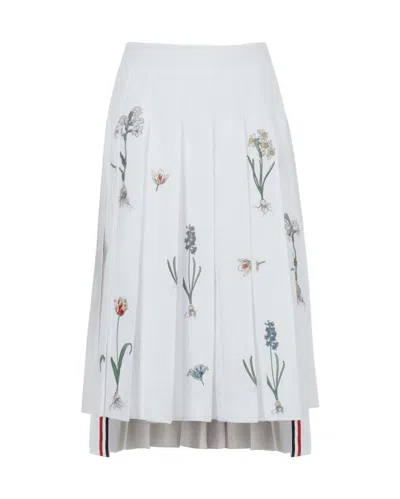 Thom Browne Knee Length Floral Pleated Skirt In White