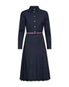 Thom Browne Elegant Midi Shirt Dress With Pleated Skirt And Tri-color Belt In Blue