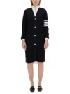 Thom Browne Knee-length Virgin Wool Cardigan With Striped Detail In Blue