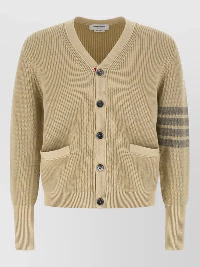 Thom Browne Knit Cardigan Stripe Detail V Neckline In Neutral