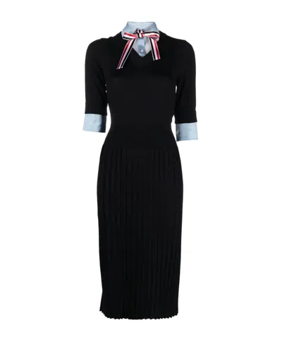 Thom Browne Ribbon-tie Layered-knit Dress In Black