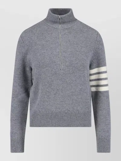 Thom Browne Knit Jumper High Collar Button Striped Detail In Grey