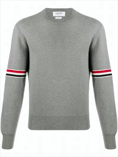THOM BROWNE KNIT SWEATER WITH RWB STRIPED ARM BANDS AND FITTED SILHOUETTE
