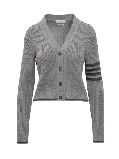 Thom Browne Knitted Cardigan With Striped Details In Lt Grey