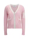 Thom Browne Relaxed Fit V Neck Cardigan With 4 Bar Stripe In Pink
