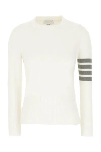 Thom Browne Cotton Crew Neck Sweater With Striped Arm In Neutral