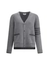 Thom Browne Grey Cardigan With V Neck And Striped Detail On The Sleeve In Wool Man