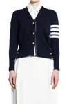 Thom Browne Classic V-neck Merino Wool Cardigan With Striped Detail In Blue