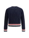 Thom Browne Cable Knit Crew Sweater With Ribbed Cuffs In Blue