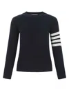 Thom Browne Crew Neck Wool Sweater With Striped Sleeves In Blue