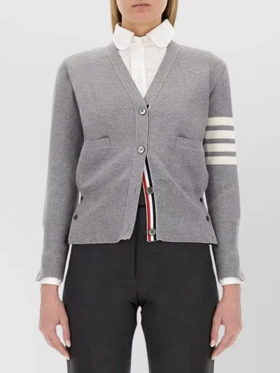 Thom Browne V-neck Grey Virgin Wool Cardigan In Gray